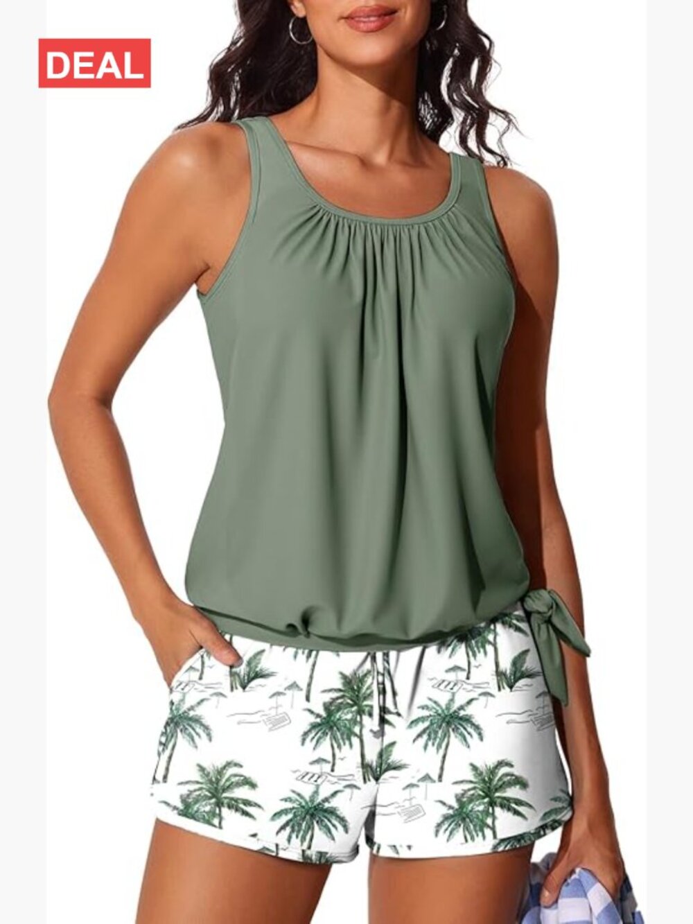 Blouson Tankini Set with Shorts Tummy Control Side Pockets Sleeveless
